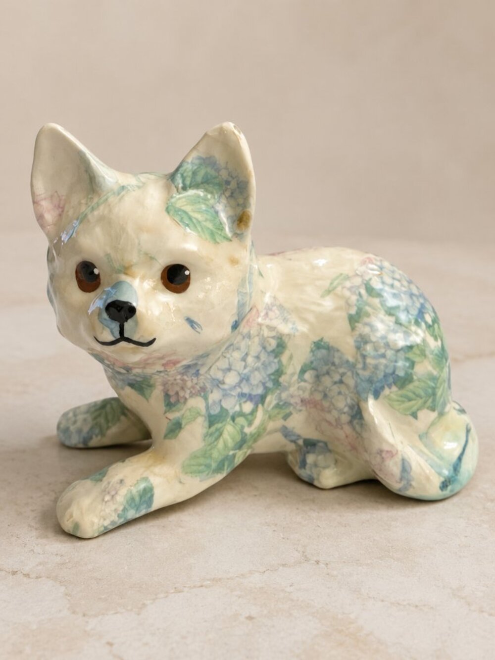 Vintage Made in Canada Floral Decoupage Cat Figurine Green Felt Base 6 Inch